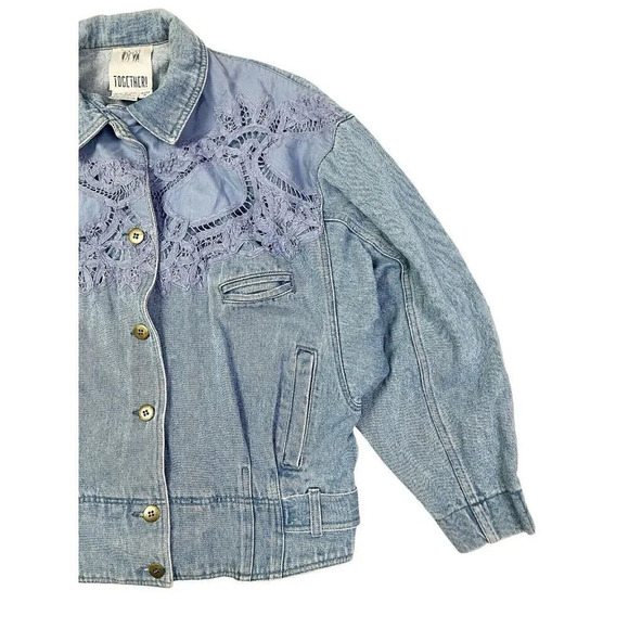 Vtg Denim Jacket Womens Medium Cropped Lace Boho Western 80s Rodeo Jean Boxy - Picture 4 of 15
